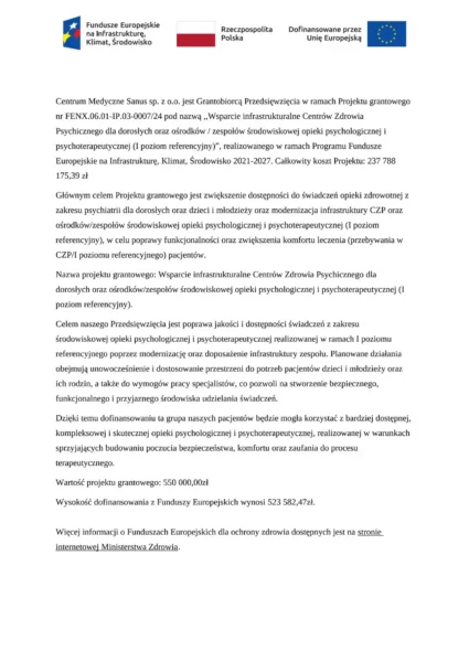 Wsparcie infrastrukturalne Centrów Zdrowia Psychicznego dla dorosłych oraz ośrodków / zespołów środowiskowej opieki psychologicznej i psychoterapeutycznej (I poziom referencyjny)