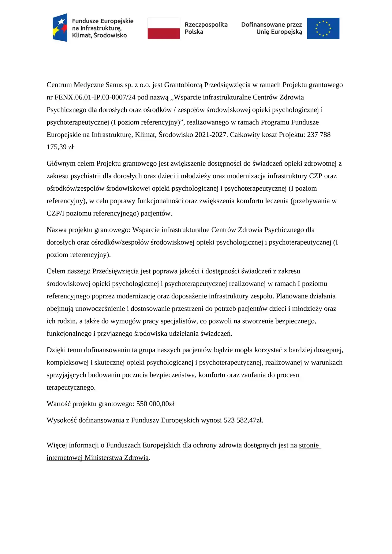 Wsparcie infrastrukturalne Centrów Zdrowia Psychicznego dla dorosłych oraz ośrodków / zespołów środowiskowej opieki psychologicznej i psychoterapeutycznej (I poziom referencyjny)